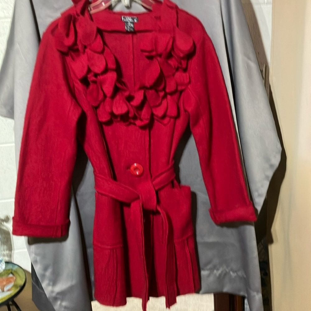 Beautiful 100%boiled wool coat.  Deep red, large button detail.